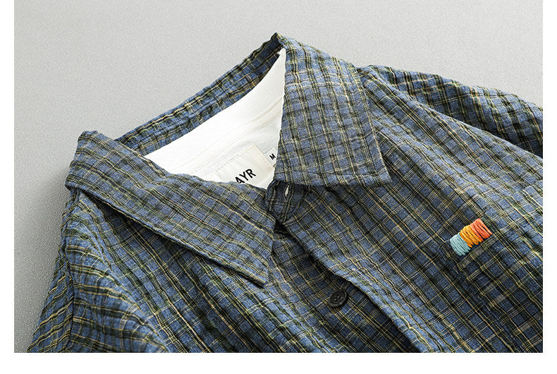 Retro Seersucker Plaid Shirt – Loose Fit Japanese Summer Short Sleeve for Men – Japanese vintage | yamalin clothes | Yamalinclothes