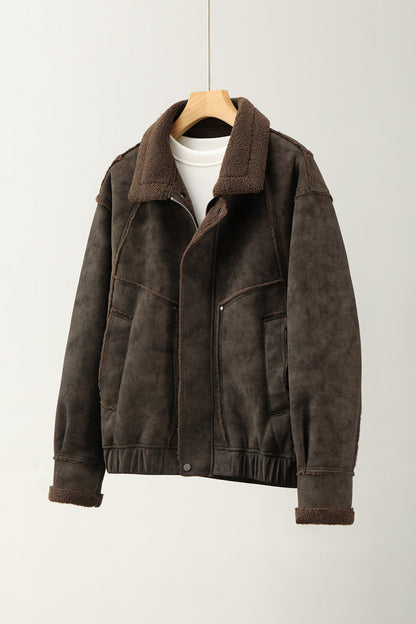 Faux Leather Jacket – Aged Finish & Fleece Collar