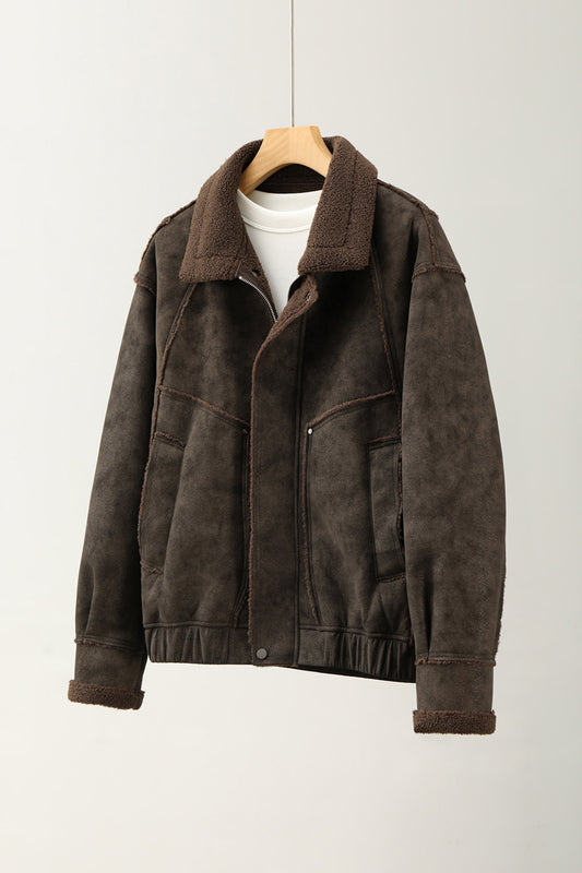 Faux Leather Jacket – Aged Finish & Fleece Collar
