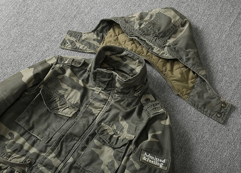 Heavy Distressed Hooded Camouflage Cargo Jacket – Oversized Cotton Outdoor Coat