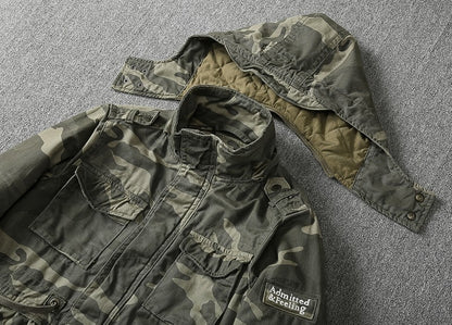 Heavy Distressed Hooded Camouflage Cargo Jacket – Oversized Cotton Outdoor Coat