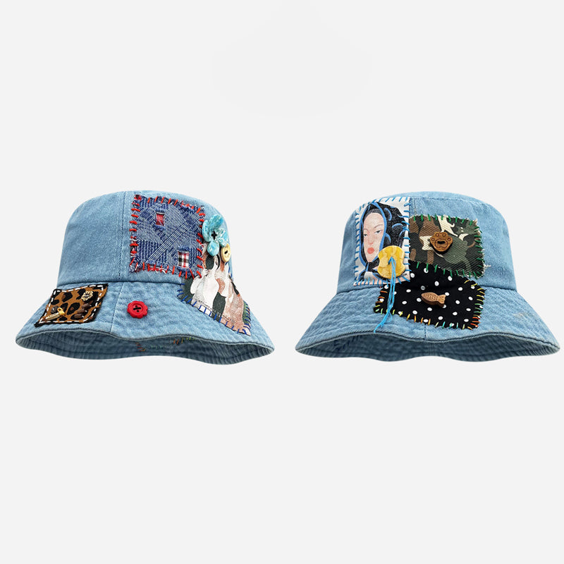 Denim Abstract Appliqué Fisherman Hat – Wide Brim Sun Protection Streetwear – Japanese vintage | yamalin clothes | Yamalinclothes