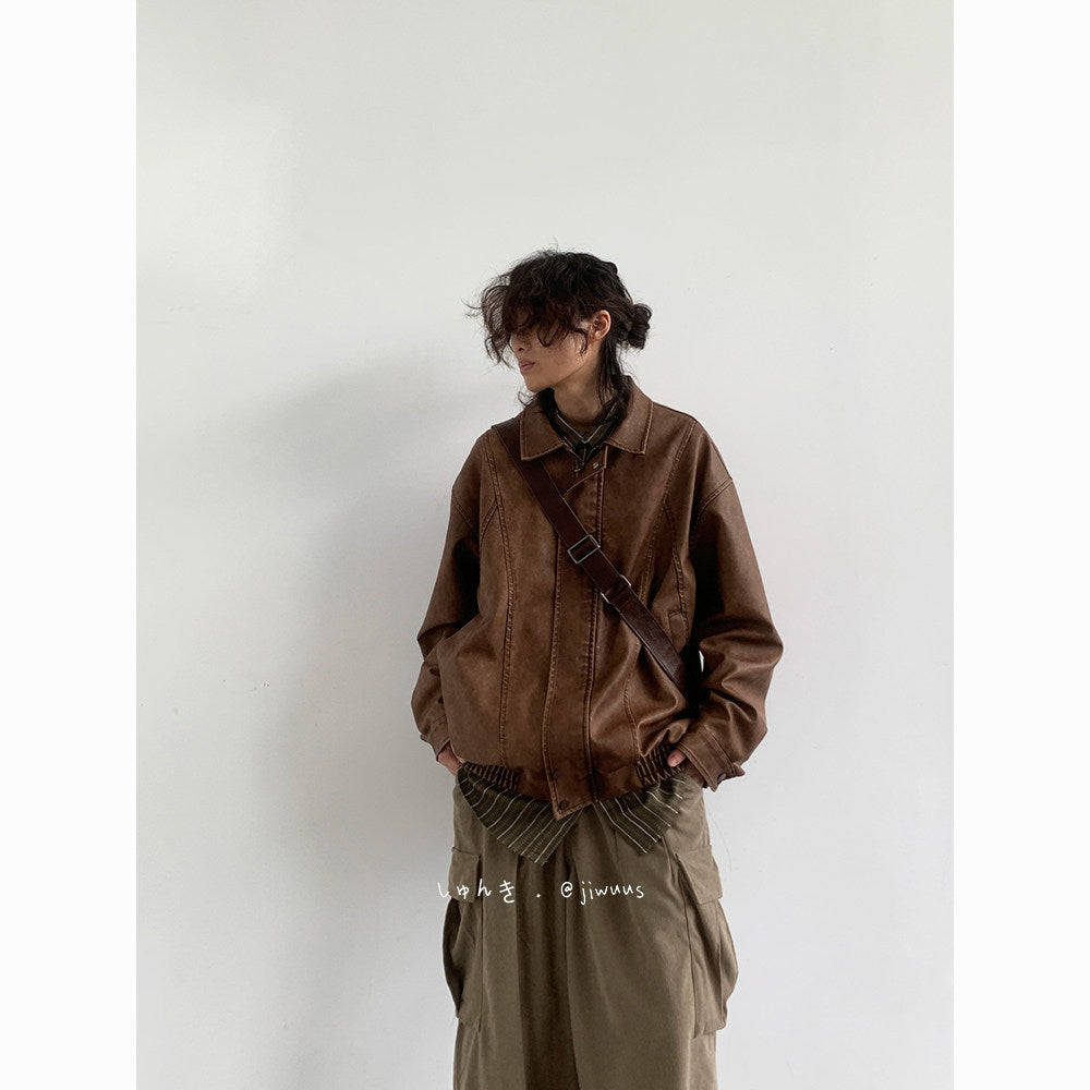 American Vintage PU Leather Moto Jacket – Unisex Loose Biker Coat