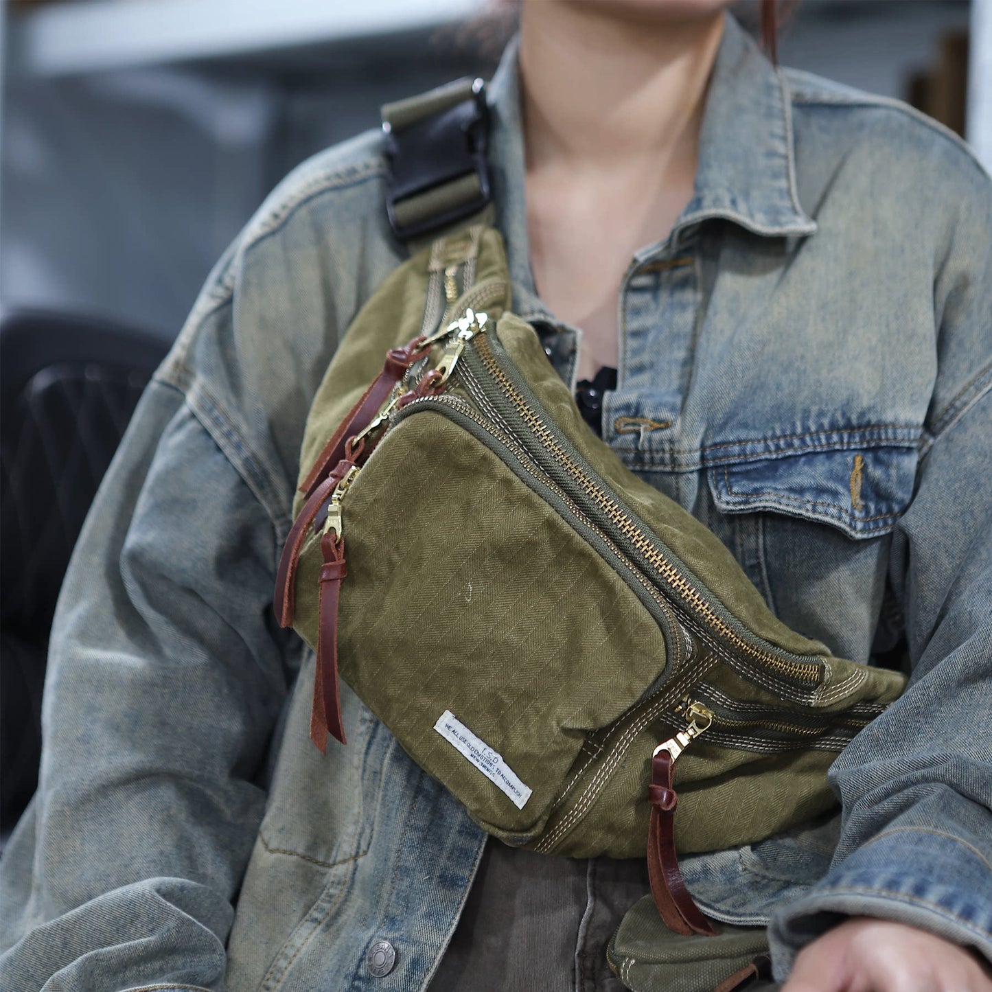Herringbone Canvas Chest Bag – Motorcycle Crossbody Men