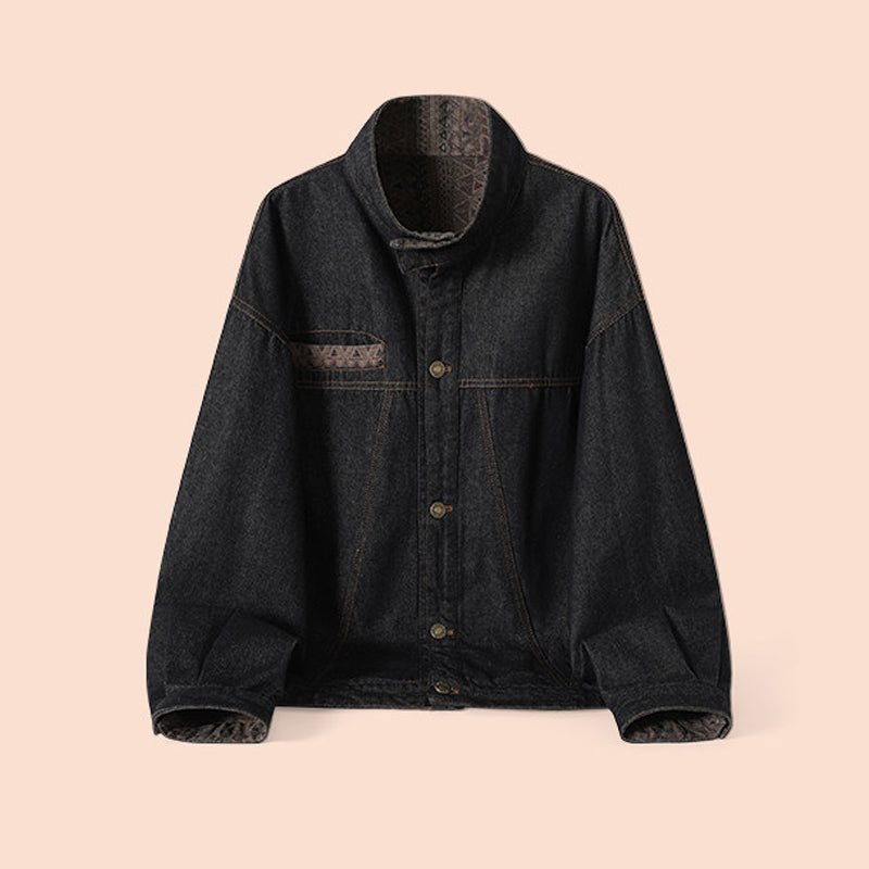 Vintage Ethnic Jacquard Denim Jacket – Oversized Unisex Embroidered Trucker Coat