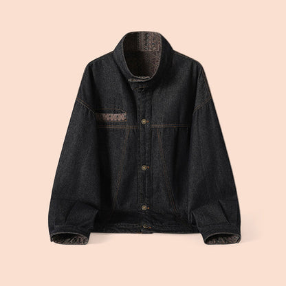 Vintage Ethnic Jacquard Denim Jacket – Oversized Unisex Embroidered Trucker Coat