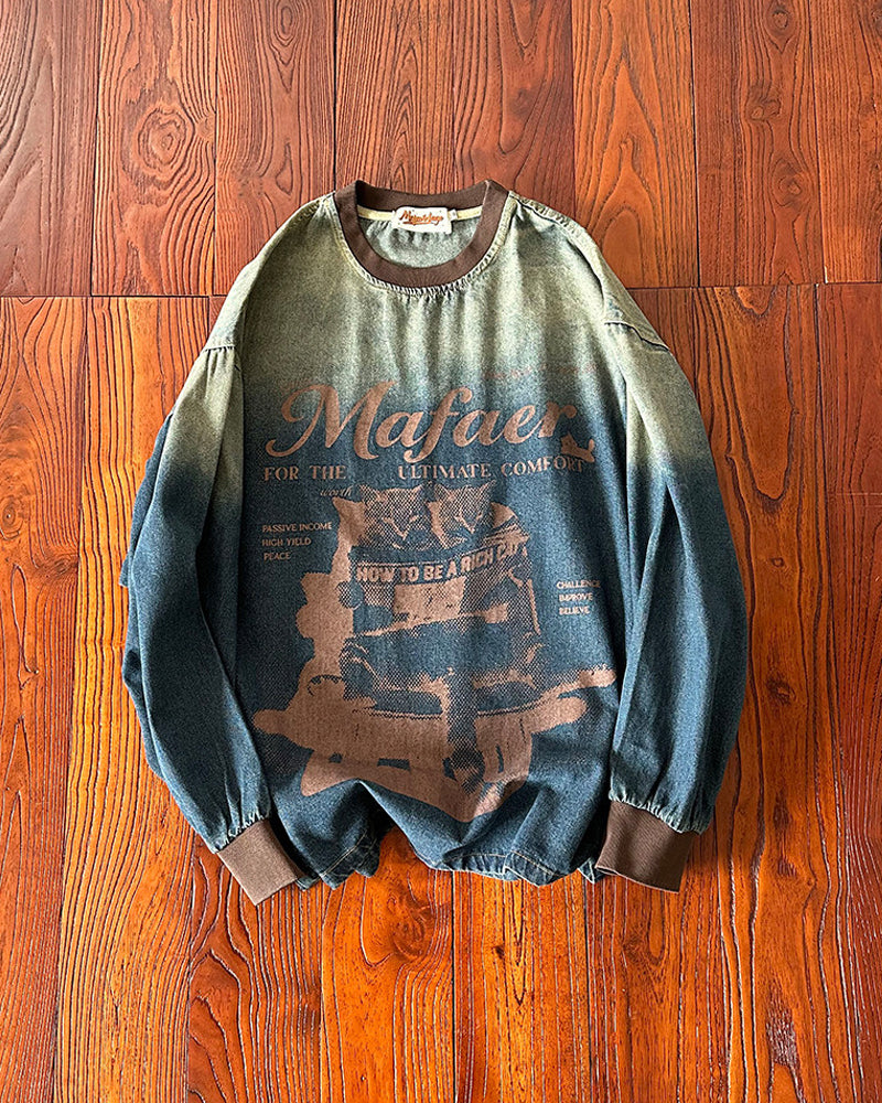 Washed Gradient Graffiti Print Denim Sweatshirt – Loose Wide-Cut Unisex Vintage