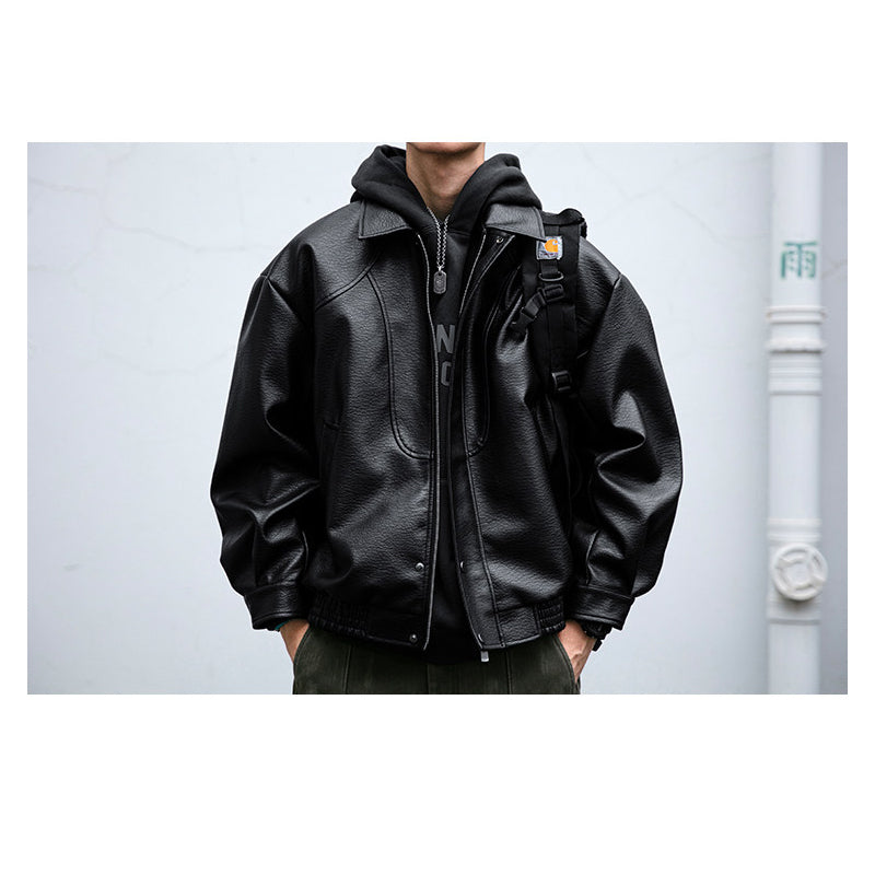 Lychee-Grain PU Leather Lapel Jacket – American Retro Oversized Unisex