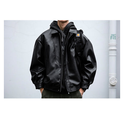 Lychee-Grain PU Leather Lapel Jacket – American Retro Oversized Unisex