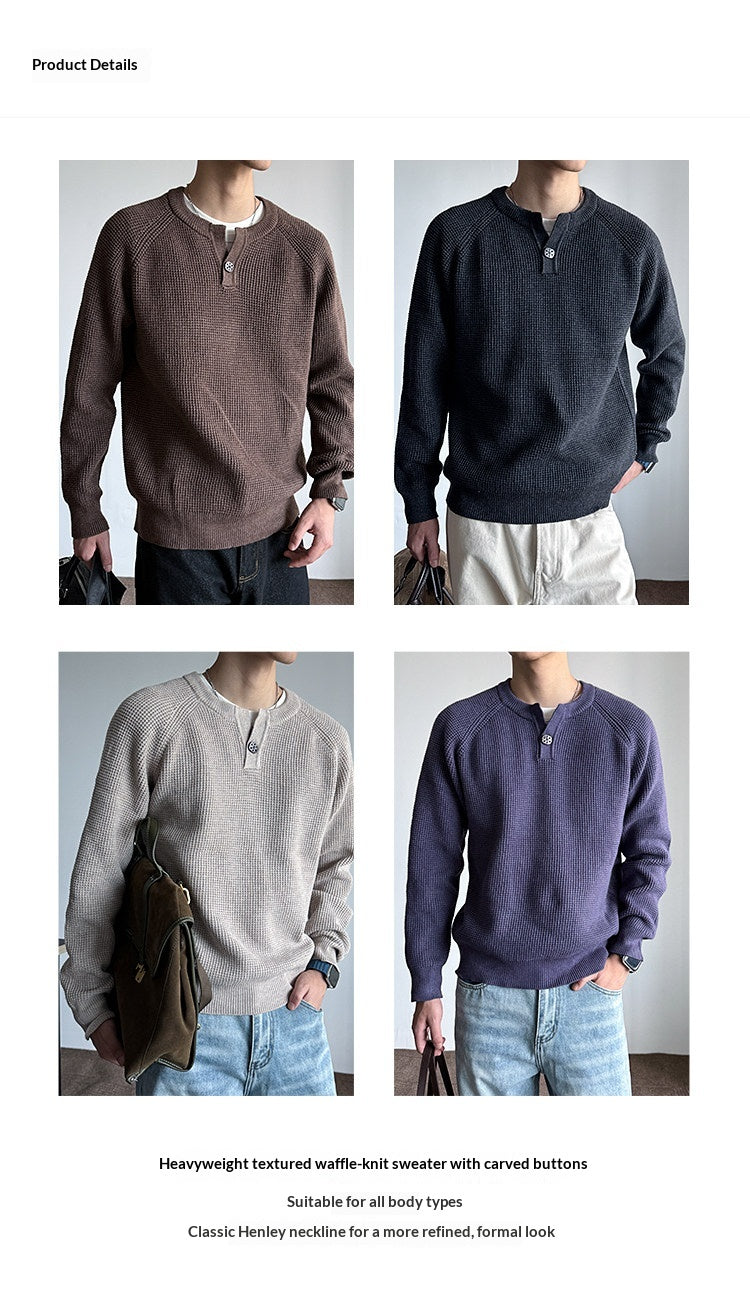 590G Anti-Pilling Henry Collar Button Knit Sweater – Japanese Loose Unisex – Sweater pullover | japanese streetwear | vintage workwear | unisex | Yamalinclothes