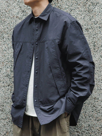 Japanese Workwear Pleated Layered Long-Sleeve Shirt Jacket – Cleanfit Silhouette Men’s Spring Autumn – Japanese vintage | yamalin clothes | Yamalinclothes