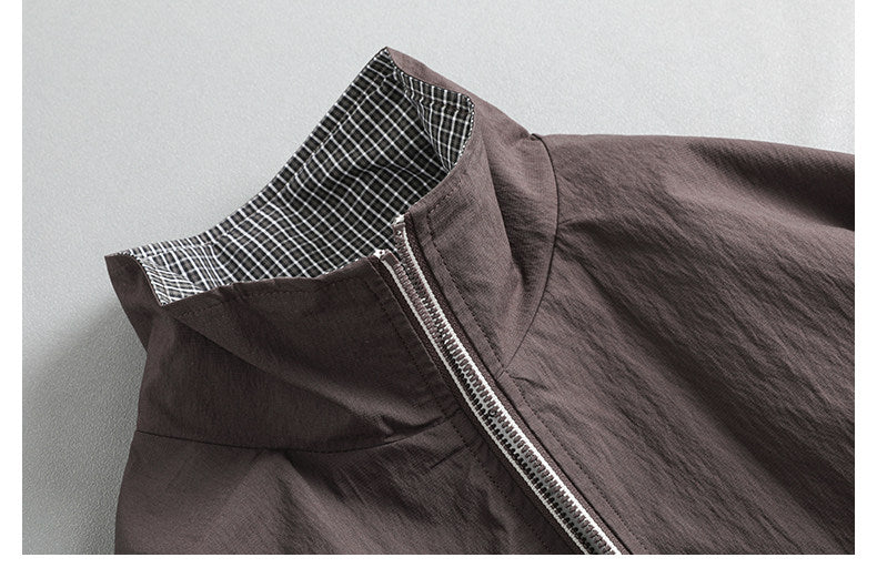 Japanese Retro Zipper Plaid Stitching Stand Collar Cropped Jacket – Spring Jacket for Men – Japanese vintage | yamalin clothes | Yamalinclothes