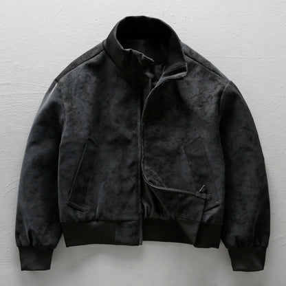 American Vintage Suede PU Leather Stand-Collar Jacket – Oversized Men’s Moto Coat