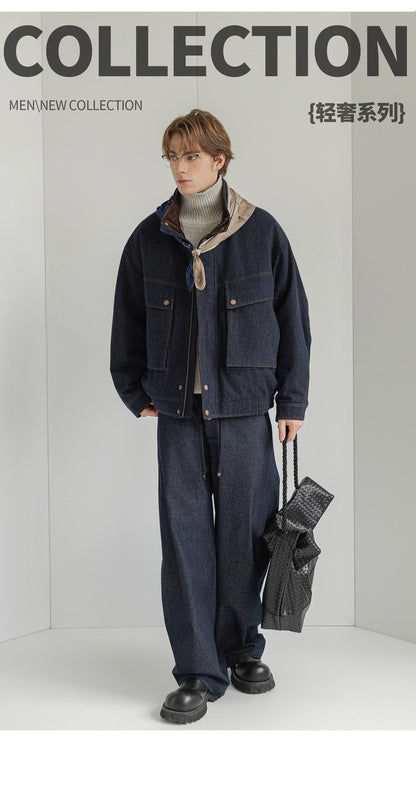 White Duck Down Denim Stand-Collar Jacket – American Vintage Loose Unisex – Coats Jackets | japanese streetwear | vintage workwear | unisex | Yamalinclothes
