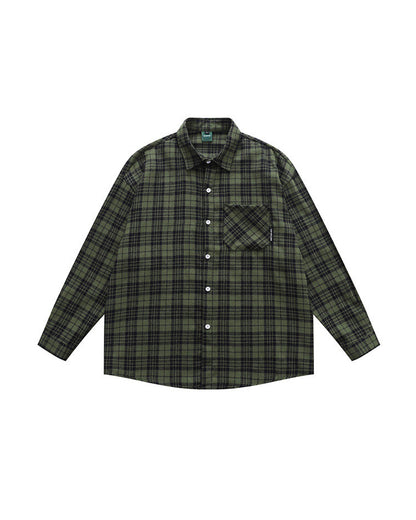 Vintage Sanded Green Plaid Long Sleeve Shirt – Loose Unisex Casual