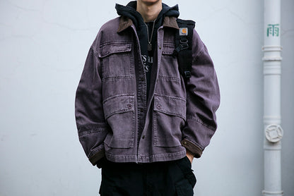 Cotton Cargo Jacket – Corduroy Collar & Four Pockets | Yamalin clothes | Vintage workwear outfit for men