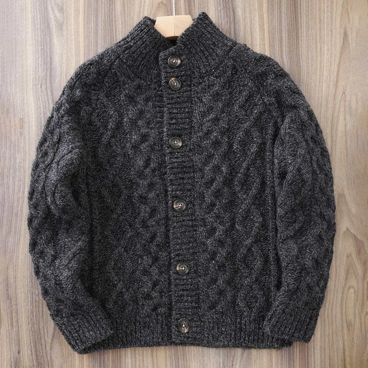 80% Wool Cable Knit Cardigan – Men's Stand Collar Raglan Sleeve Sweater