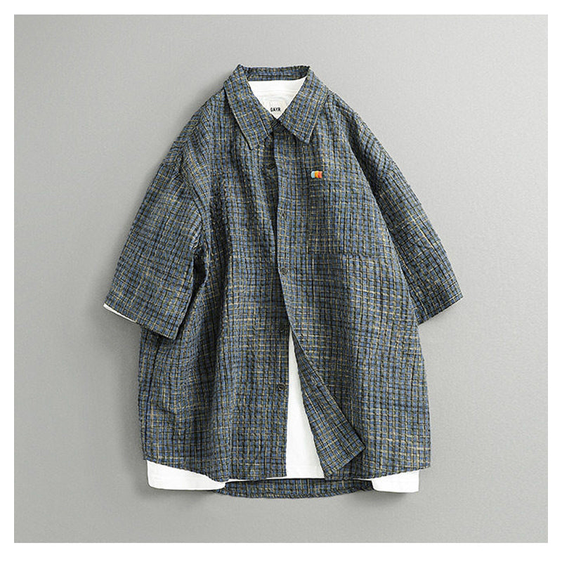 Retro Seersucker Plaid Shirt – Loose Fit Japanese Summer Short Sleeve for Men – Japanese vintage | yamalin clothes | Yamalinclothes