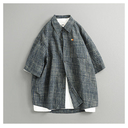 Retro Seersucker Plaid Shirt – Loose Fit Japanese Summer Short Sleeve for Men – Japanese vintage | yamalin clothes | Yamalinclothes