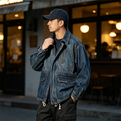 Heavyweight Washed Denim Jacket – Vintage Workwear Multi-Pocket Drawstring Coat