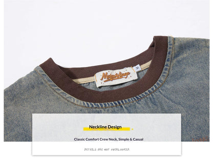 Washed Letter Print Denim Long Sleeve Sweatshirt – Loose Unisex American Vintage
