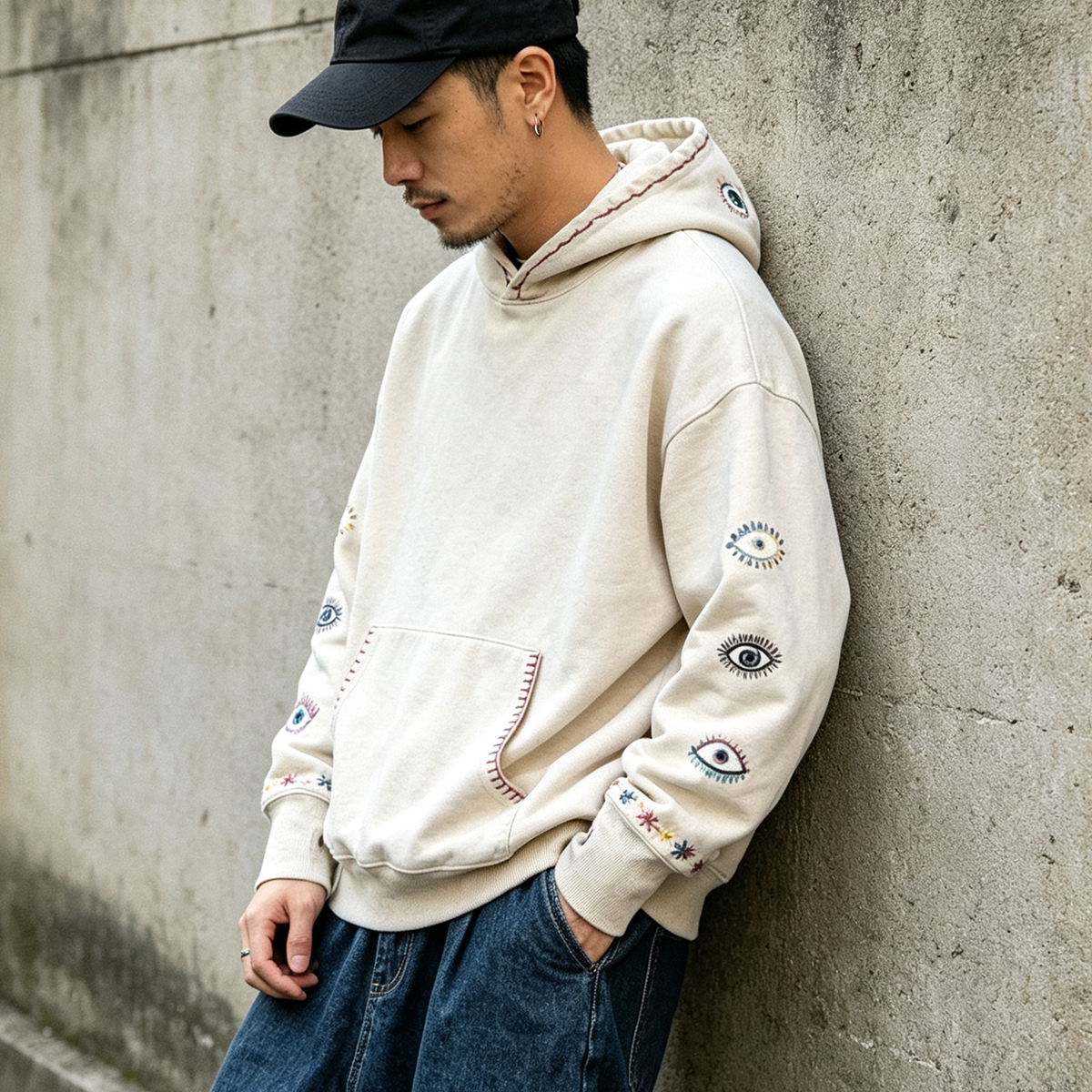 Japanese Vintage Embroidered Eye Hoodie – Washed Cotton Loose Fit Streetwear Pullover – hoodie | japanese streetwear | vintage workwear | unisex | Yamalinclothes