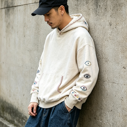 Japanese Vintage Embroidered Eye Hoodie – Washed Cotton Loose Fit Streetwear Pullover – hoodie | japanese streetwear | vintage workwear | unisex | Yamalinclothes