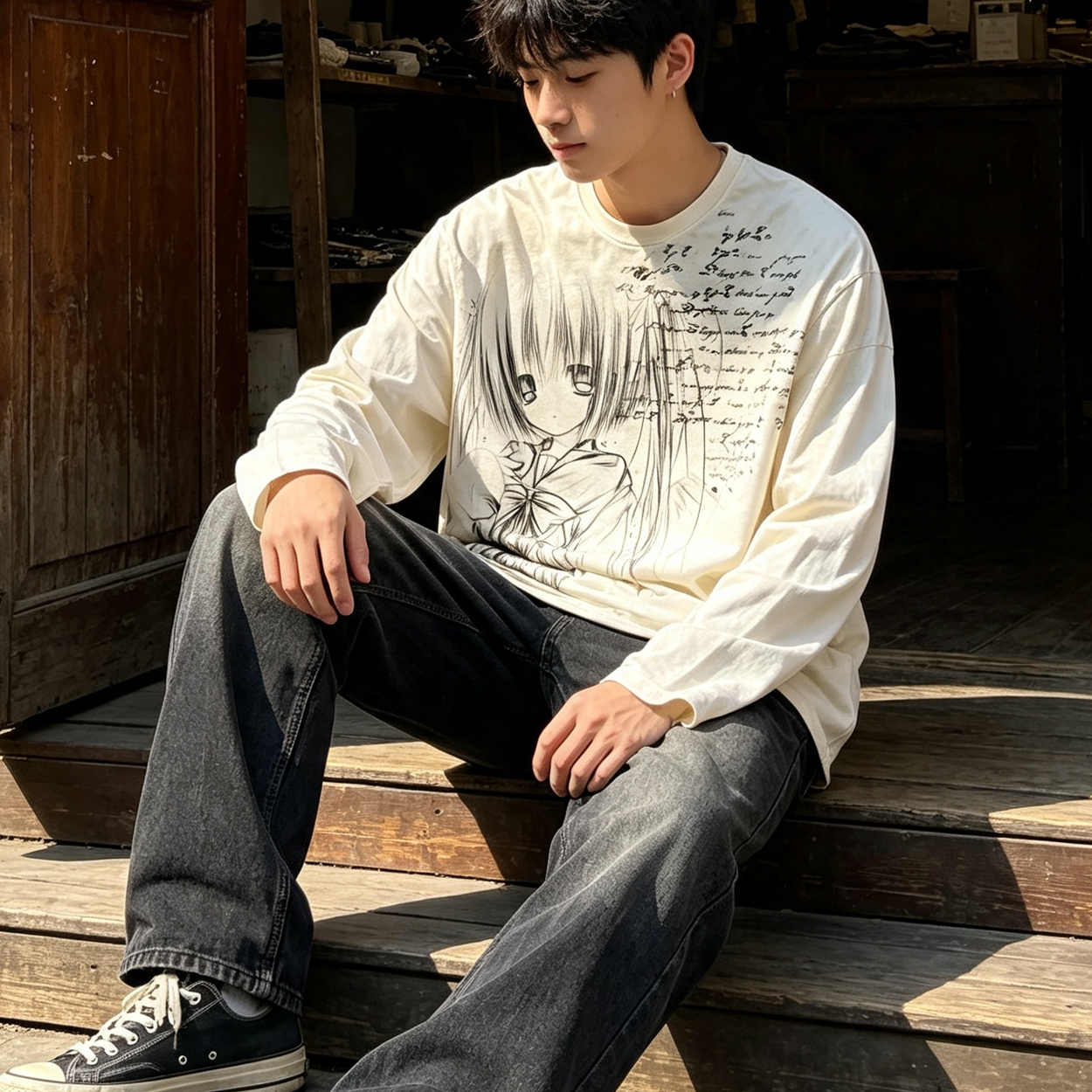 Japanese Contrast Washed Long Sleeve Tee – Punk Streetwear Oversized Shirt