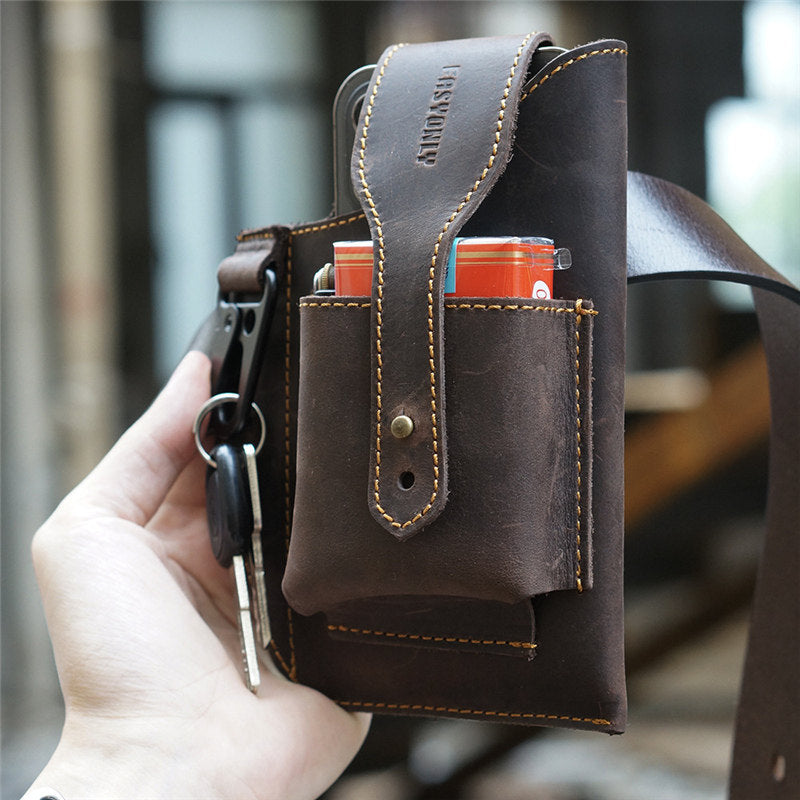 Crazy Horse Leather Phone Waist Bag – Retro Men's Belt Bag
