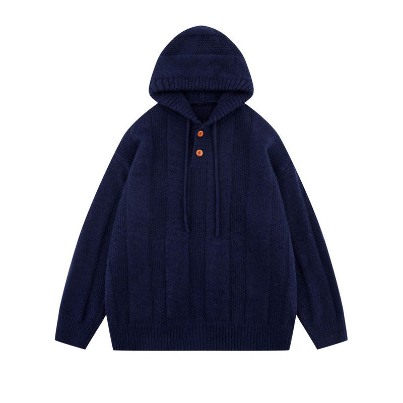 Japanese Hooded Knit Pullover – Unisex Oversized Thick Blue Coffee