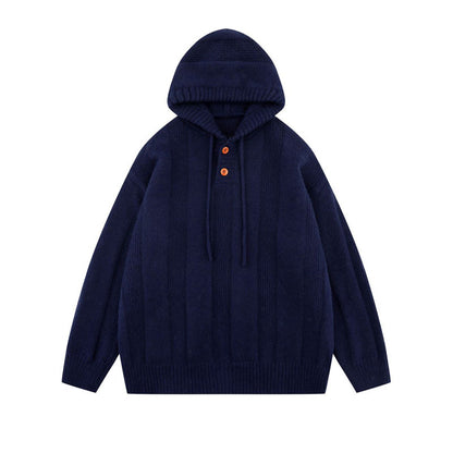 Japanese Hooded Knit Pullover – Unisex Oversized Thick Blue Coffee