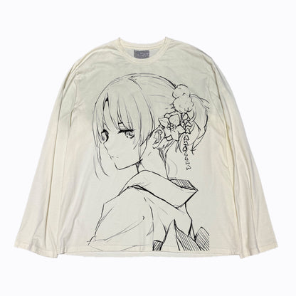Anime Girl Print Distressed Long Sleeve T-Shirt – Japanese Illustration Loose Unisex