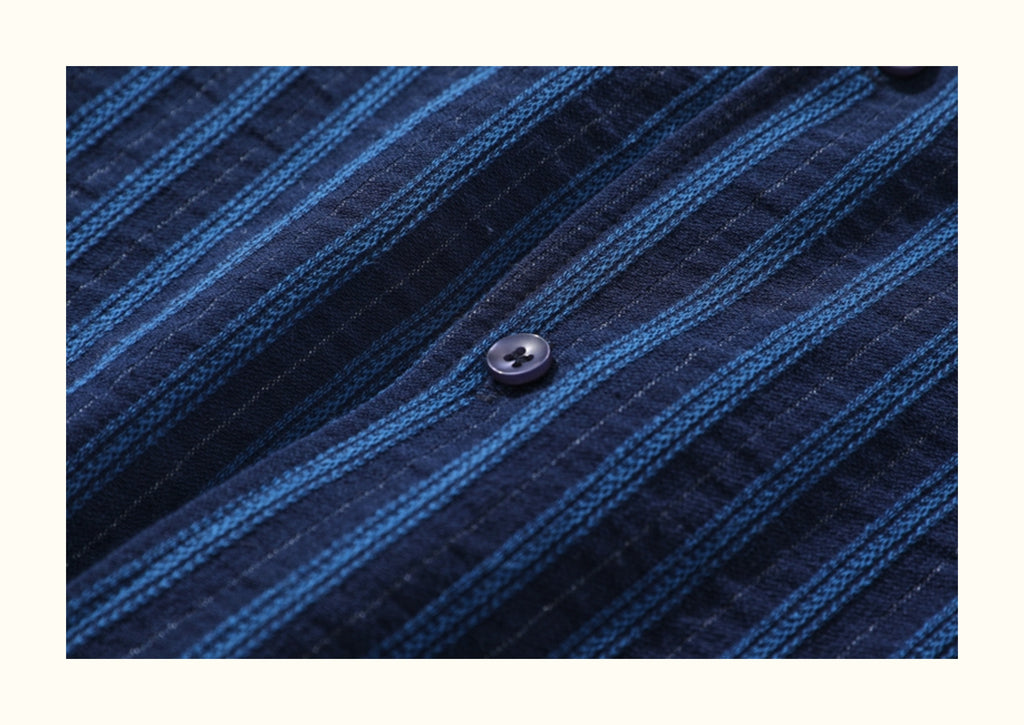 Pure Cotton Blue Striped Cuban-Collar Shirt – Japanese Retro, Loose Fit, Summer Essential
