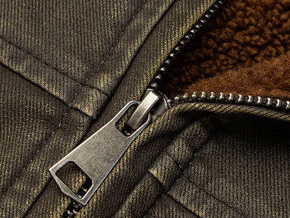 Heavy-Duty Washed Vintage Cotton Jacket - Lambswool Lined Stand Collar Coat (Men)