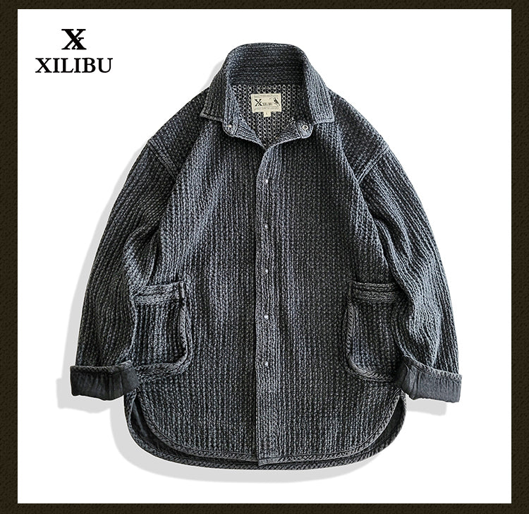 Washed Black Tie-Dye Oversized Shirt Jacket Loose Casual Khaki Vintage