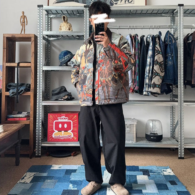 Three Kingdoms Guan Yu Print Cotton Jacket - Custom Fabric Winter Coat (Unisex)