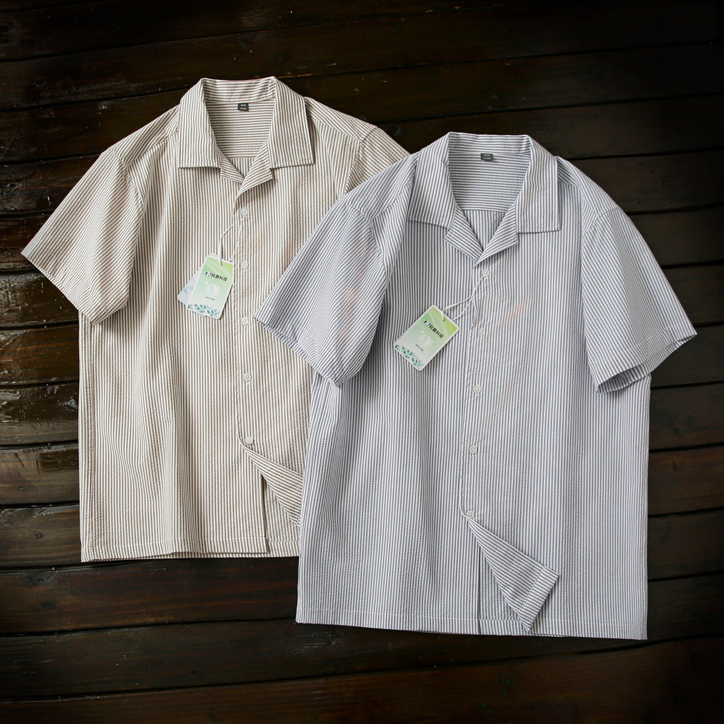 Bubble Gauze Texture 7A Antibacterial Cool Summer Men's Cuban Collar Striped Short Sleeve Shirt Top