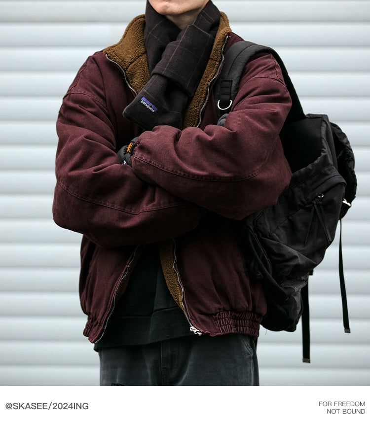 Men's Japanese Retro Lamb Wool Jacket - Thickened Stand Collar Couple Cotton Coat