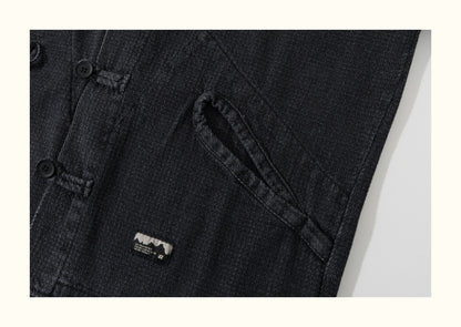 Ethnic-Style Buckle Denim Jacket – Vintage Washed Casual Outerwear with Chinese Folk Detail