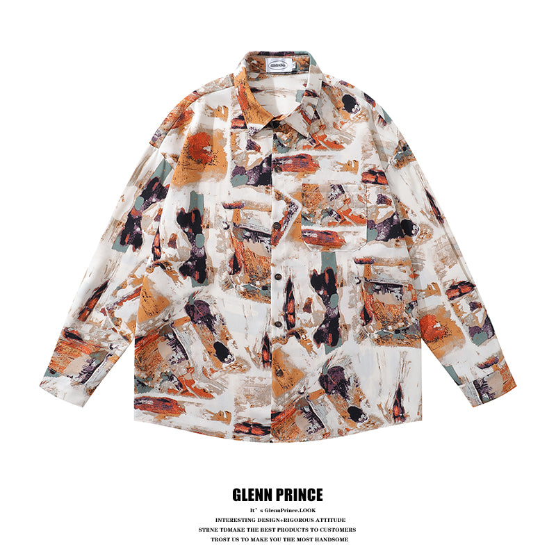 Design Sense Oil Painting Print Long Sleeve Floral Shirt for Men Spring and Autumn Trendy Brand Beach Casual Shirt Jacket