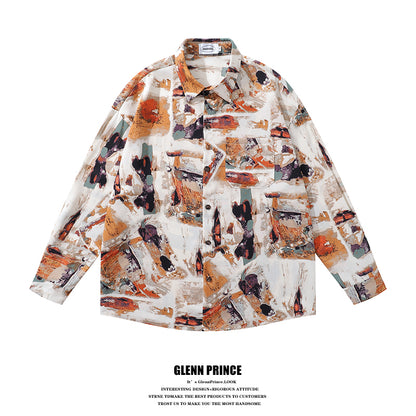 Design Sense Oil Painting Print Long Sleeve Floral Shirt for Men Spring and Autumn Trendy Brand Beach Casual Shirt Jacket