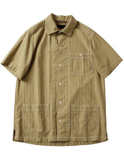 100% Cotton Herringbone Summer Men's Loose Casual Short Sleeve Work Shirt Top