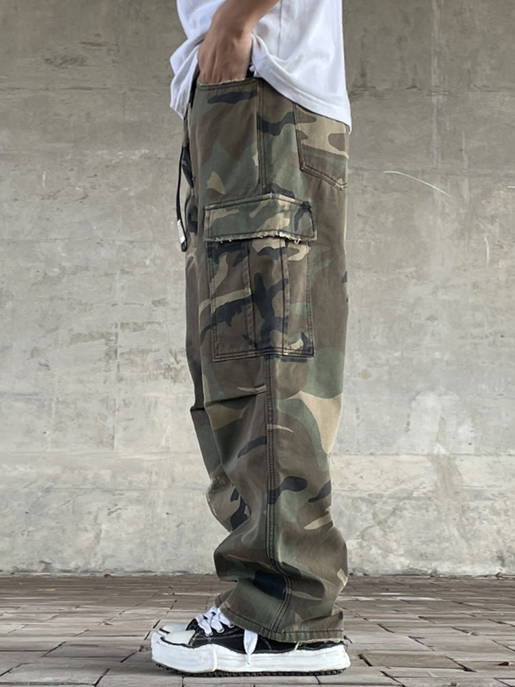Men's American Street Retro Cargo Pants - Camouflage Heavy Washed Ripped Straight-Leg Pants