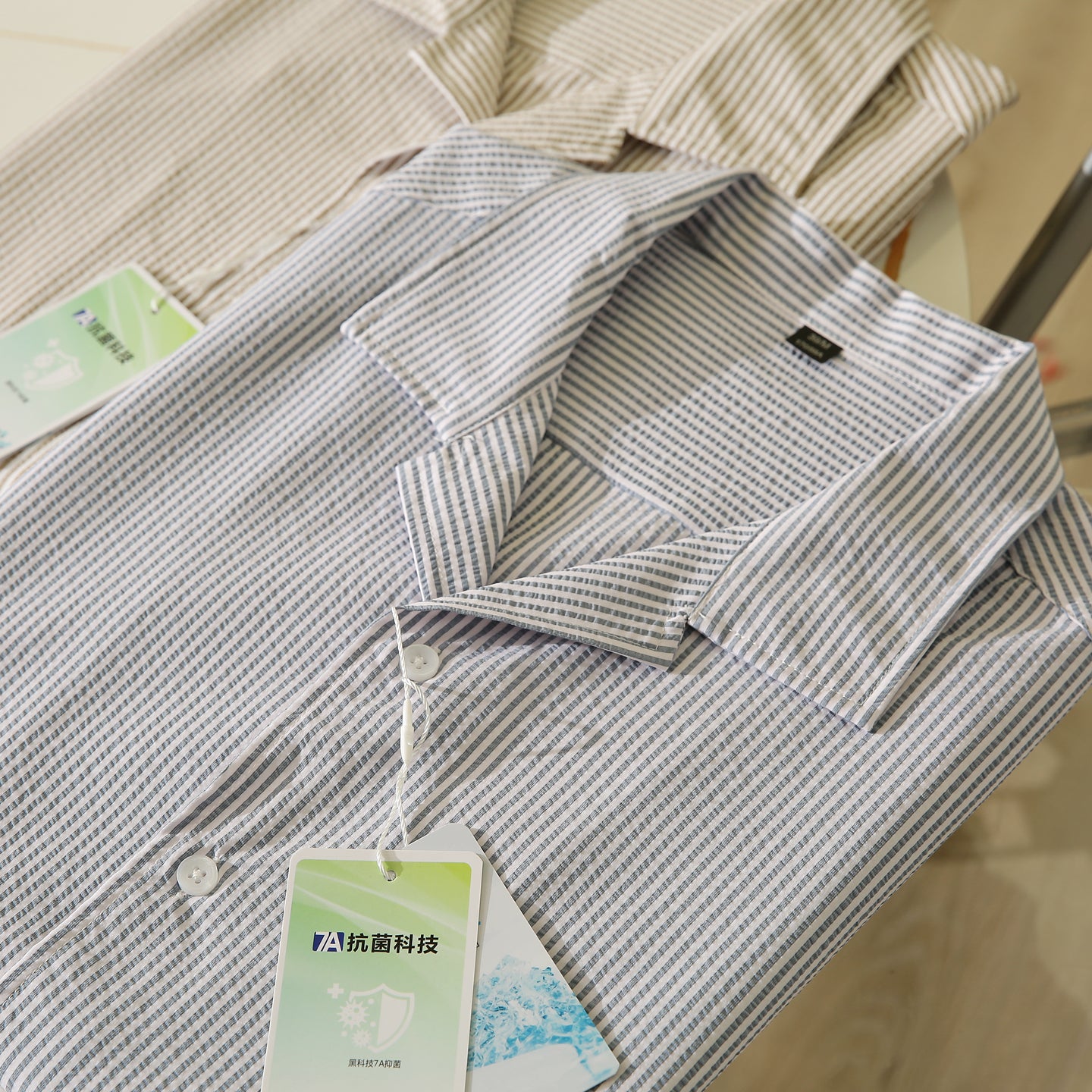 Bubble Gauze Texture 7A Antibacterial Cool Summer Men's Cuban Collar Striped Short Sleeve Shirt Top