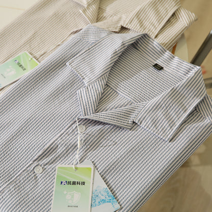 Bubble Gauze Texture 7A Antibacterial Cool Summer Men's Cuban Collar Striped Short Sleeve Shirt Top