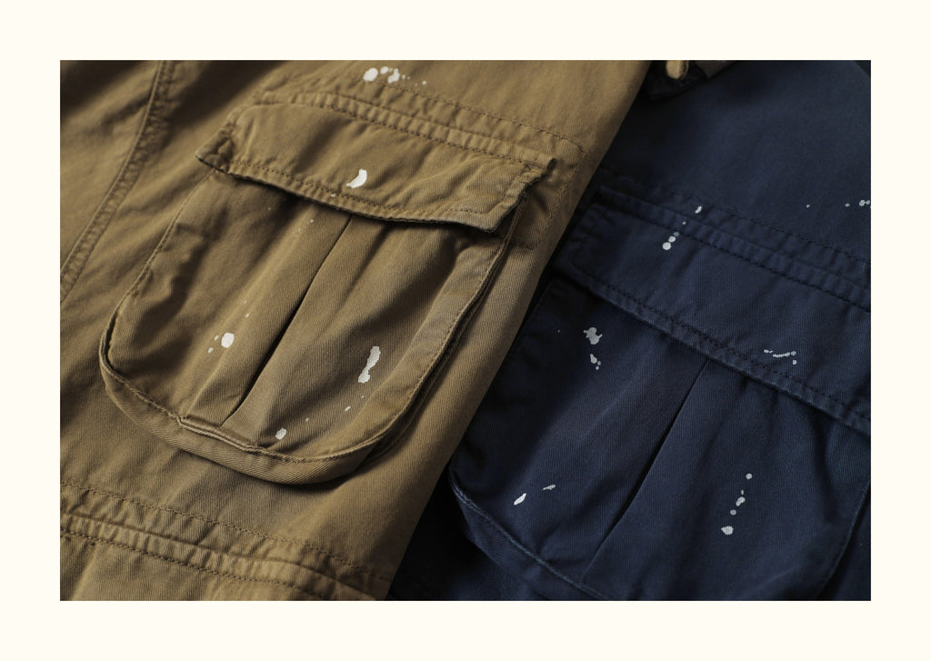 Heavy-Duty Washed Multi-Pocket Workwear Jacket – Ink-Splattered, Turn-Down Collar (Unisex)