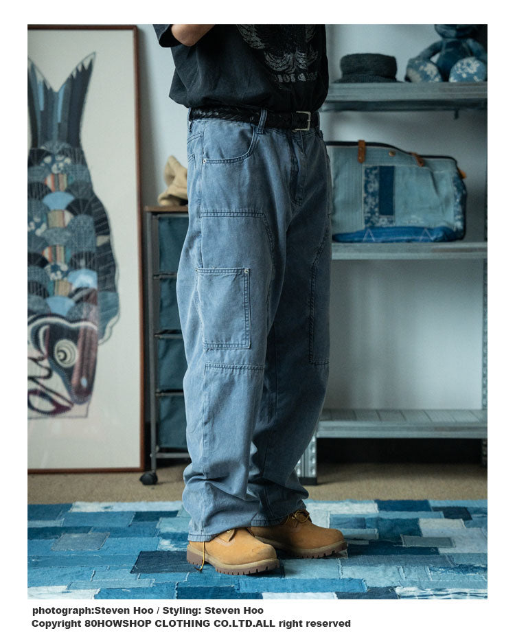 Japanese Retro Washed Beaded Canvas Work Pants – Loose Wide-Leg Unisex