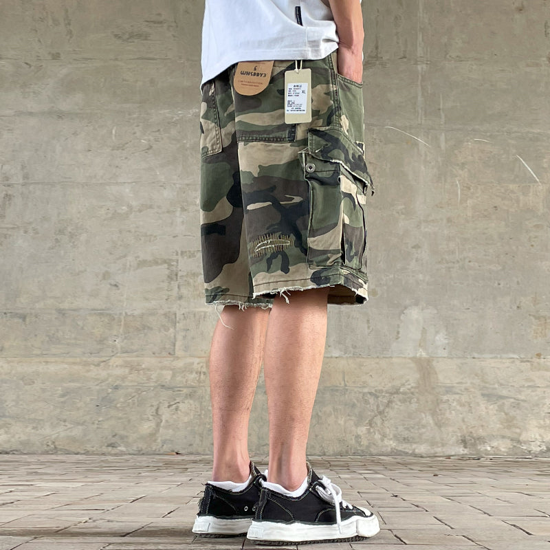 Men's American Street Retro Cargo Pants - Camouflage Heavy Washed Ripped Straight-Leg Pants