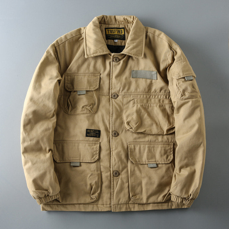 Japanese Retro Washed Multi-Pocket Military Workwear Jacket - Thickened Cotton Coat