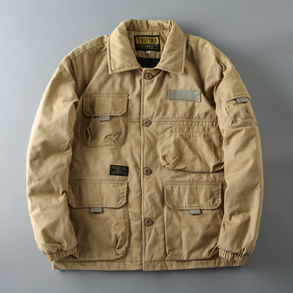 Japanese Retro Washed Multi-Pocket Military Workwear Jacket - Thickened Cotton Coat
